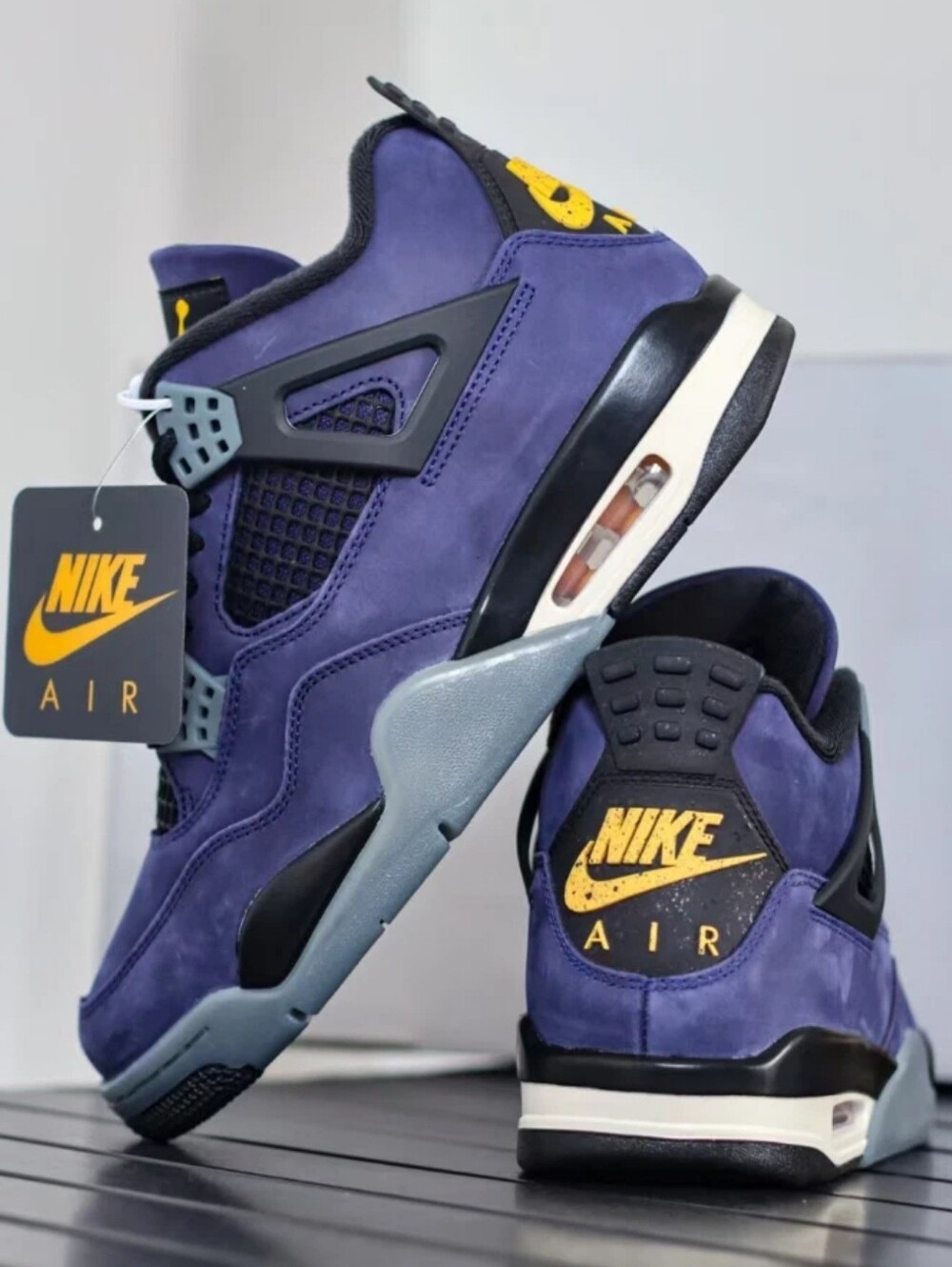 Jordan 4 Men's Purple and Yellow Retro Laker Sneakers